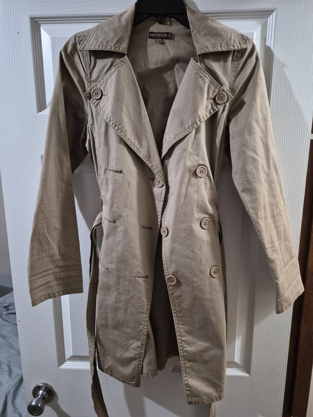 Hot Kiss Beige Double-Breasted Trench Coat with Waist Tie